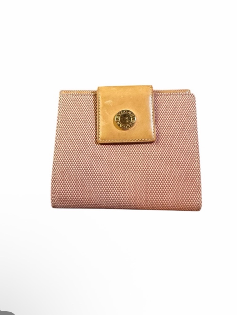 Bulgari Pink and Tan Textured Fabric Wallet with Gold Accent